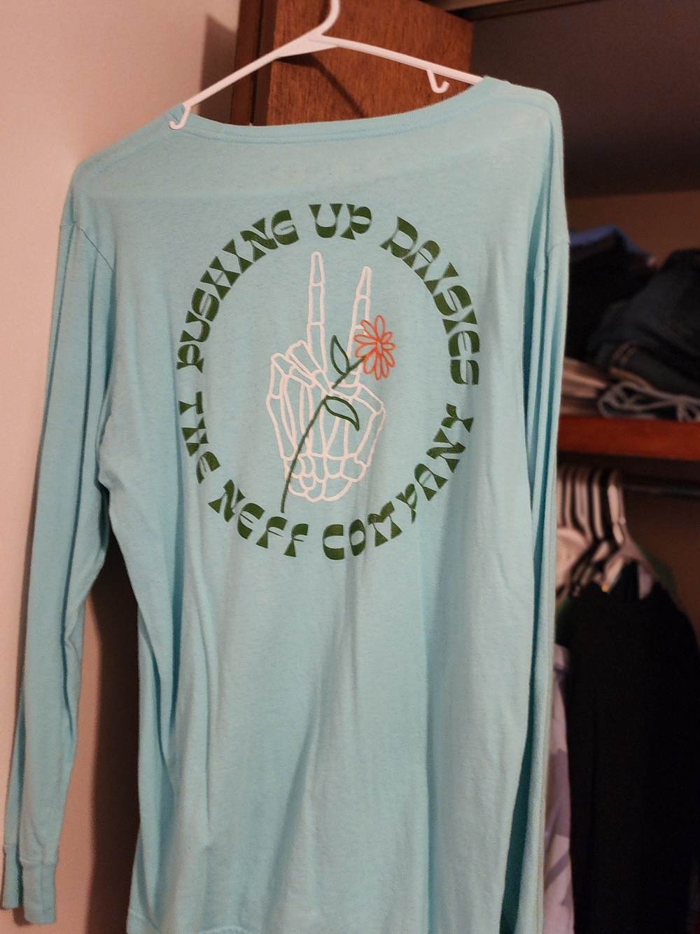 Neff Light Blue Long-Sleeve Tee with Peace Skeleton Graphic